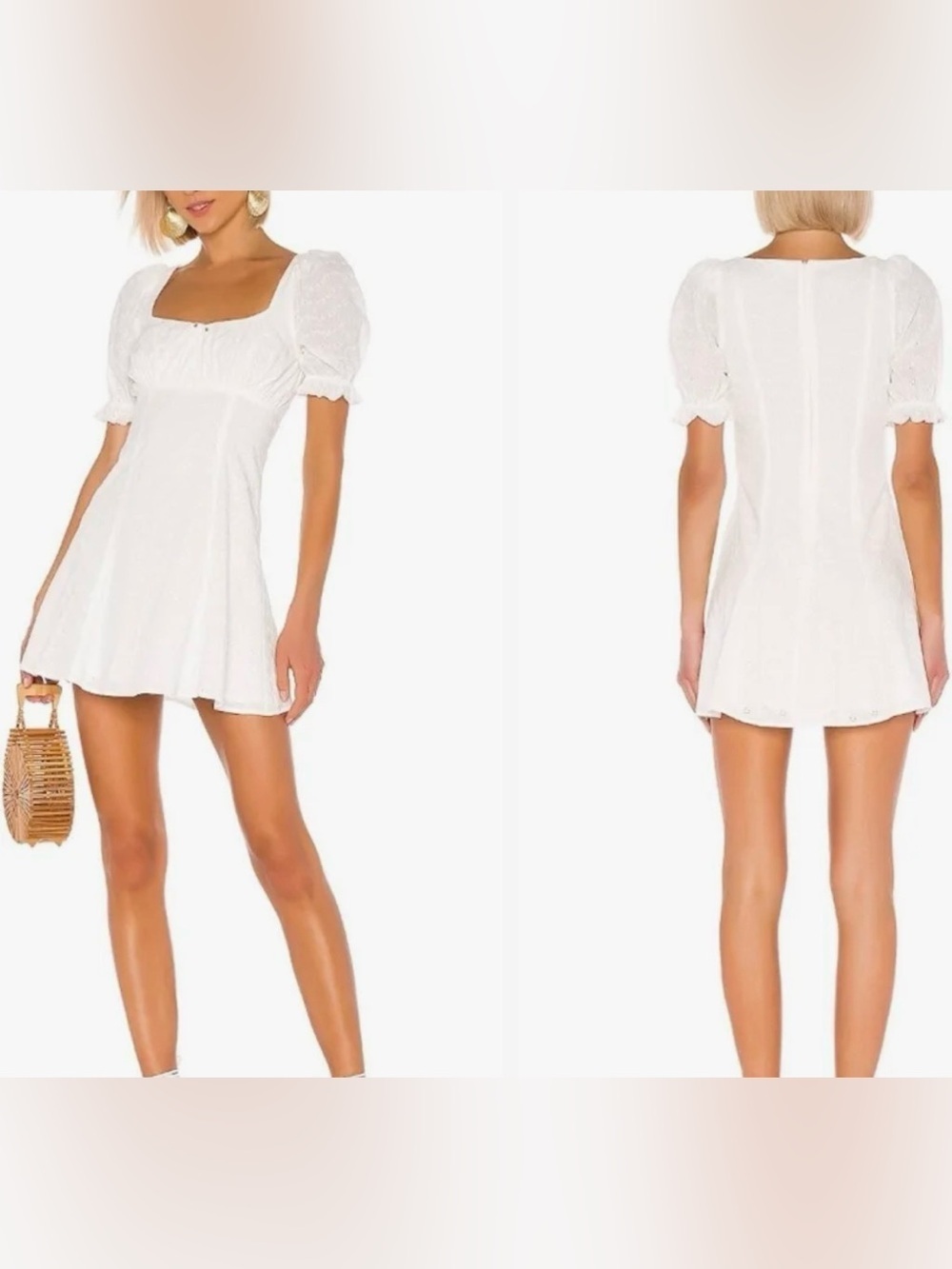 LPA Simona White Puff Sleeve Square-Neck Mini Dress